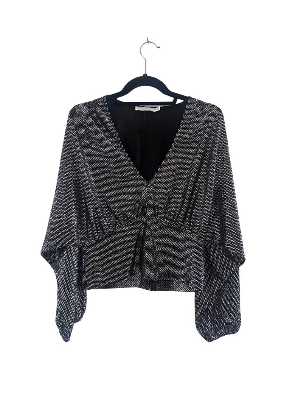Lush Metallic Shimmer V-Neck Dolman Sleeve Blouse Black Silver Size L